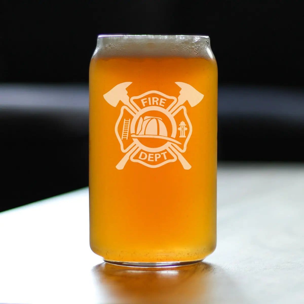 Etched Beer Can Pint Glass | 16 oz | Dishwasher Safe | Firefighter Symbol Engraved