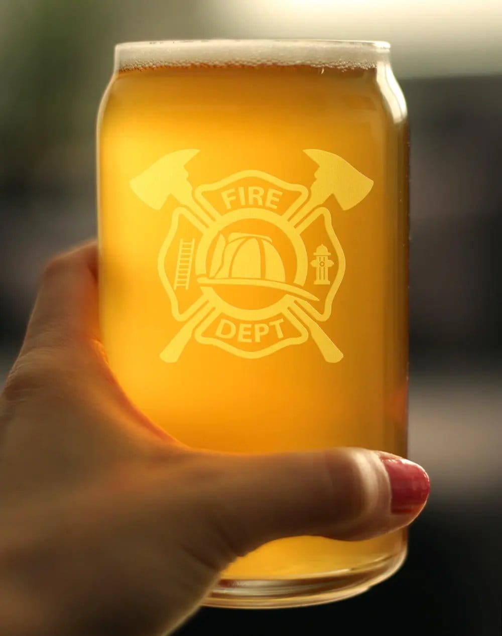 Etched Beer Can Pint Glass | 16 oz | Dishwasher Safe | Firefighter Symbol Engraved