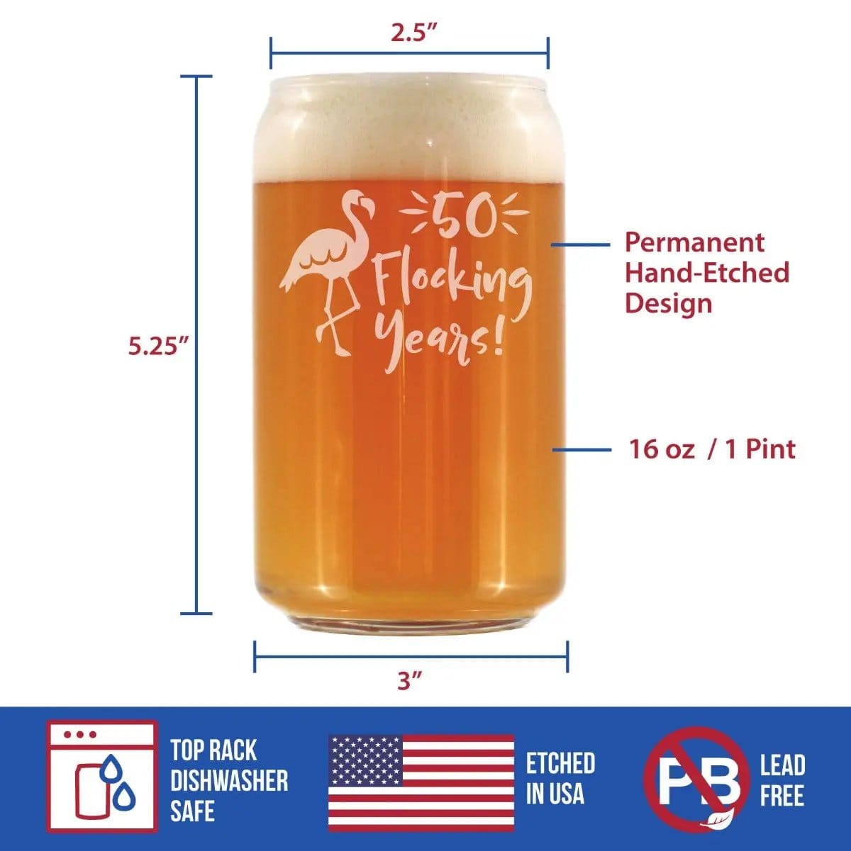 Etched Beer Can Pint Glass | 16 oz | Dishwasher Safe | 50 Flocking Years