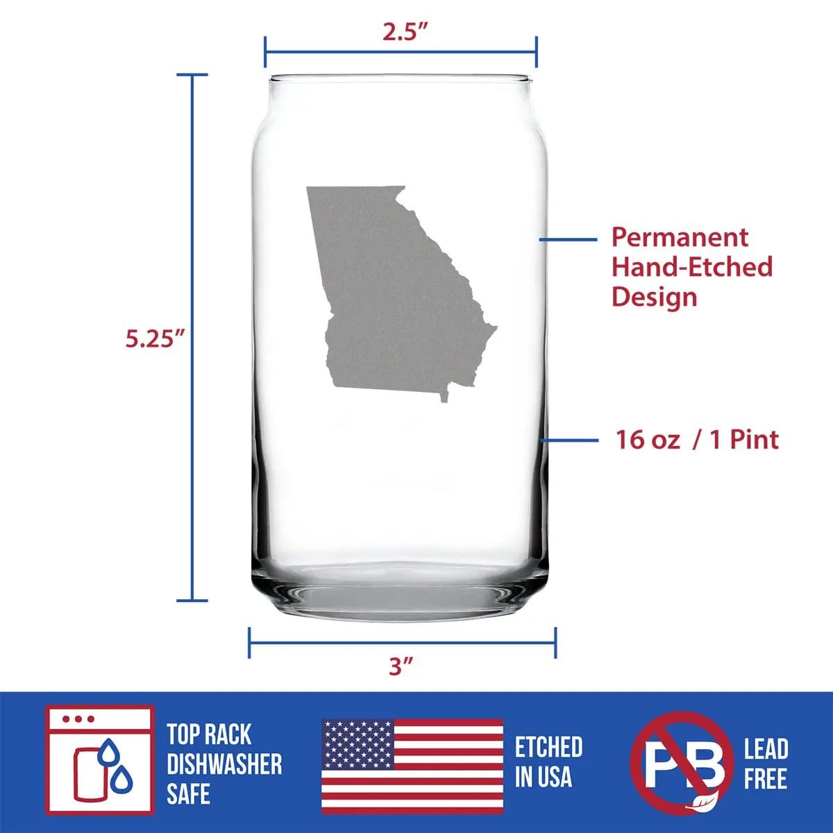 Etched Beer Can Pint Glass | 16 oz | Dishwasher Safe | Georgia State Outline