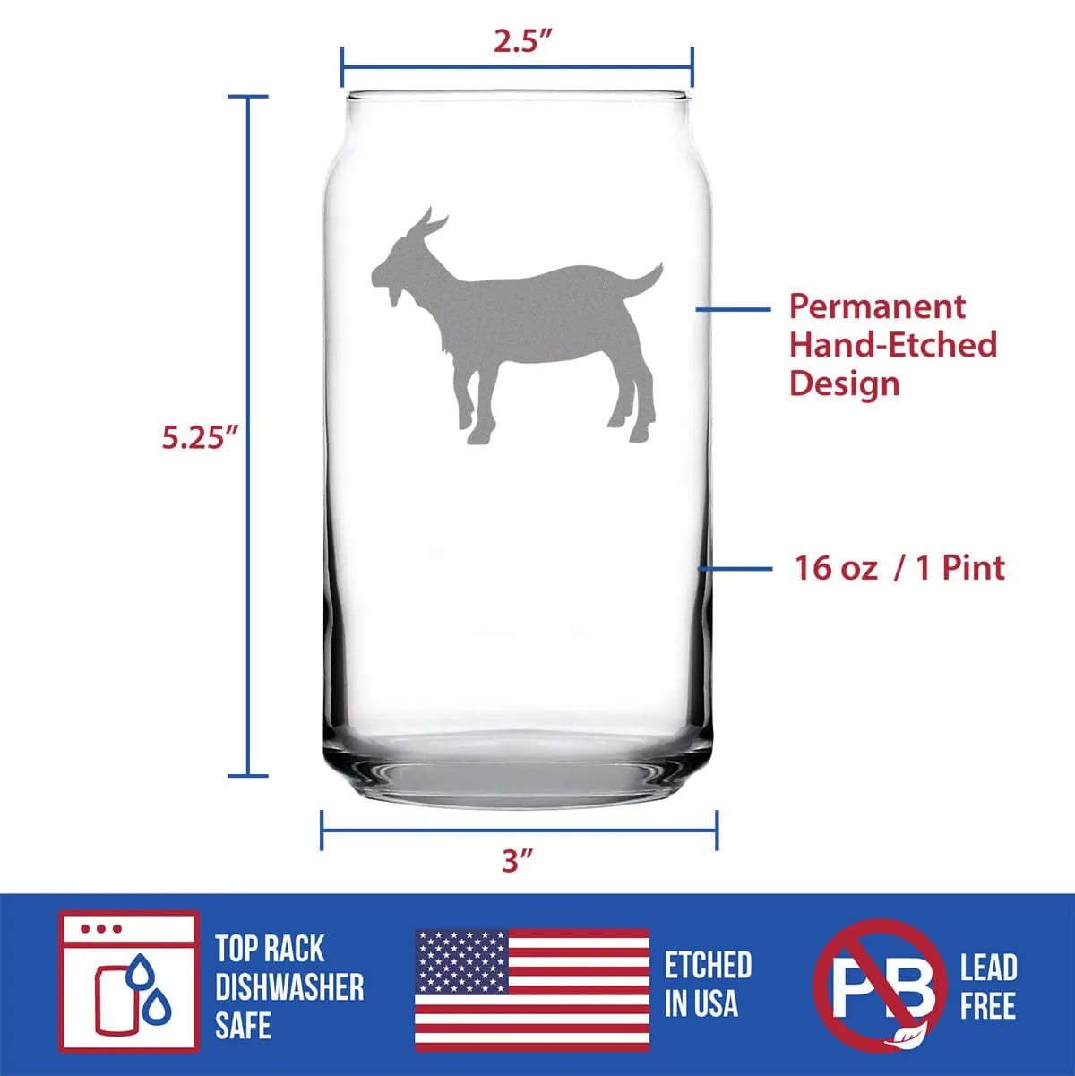 Etched Beer Can Pint Glass | 16 oz | Dishwasher Safe | Goat Silhouette