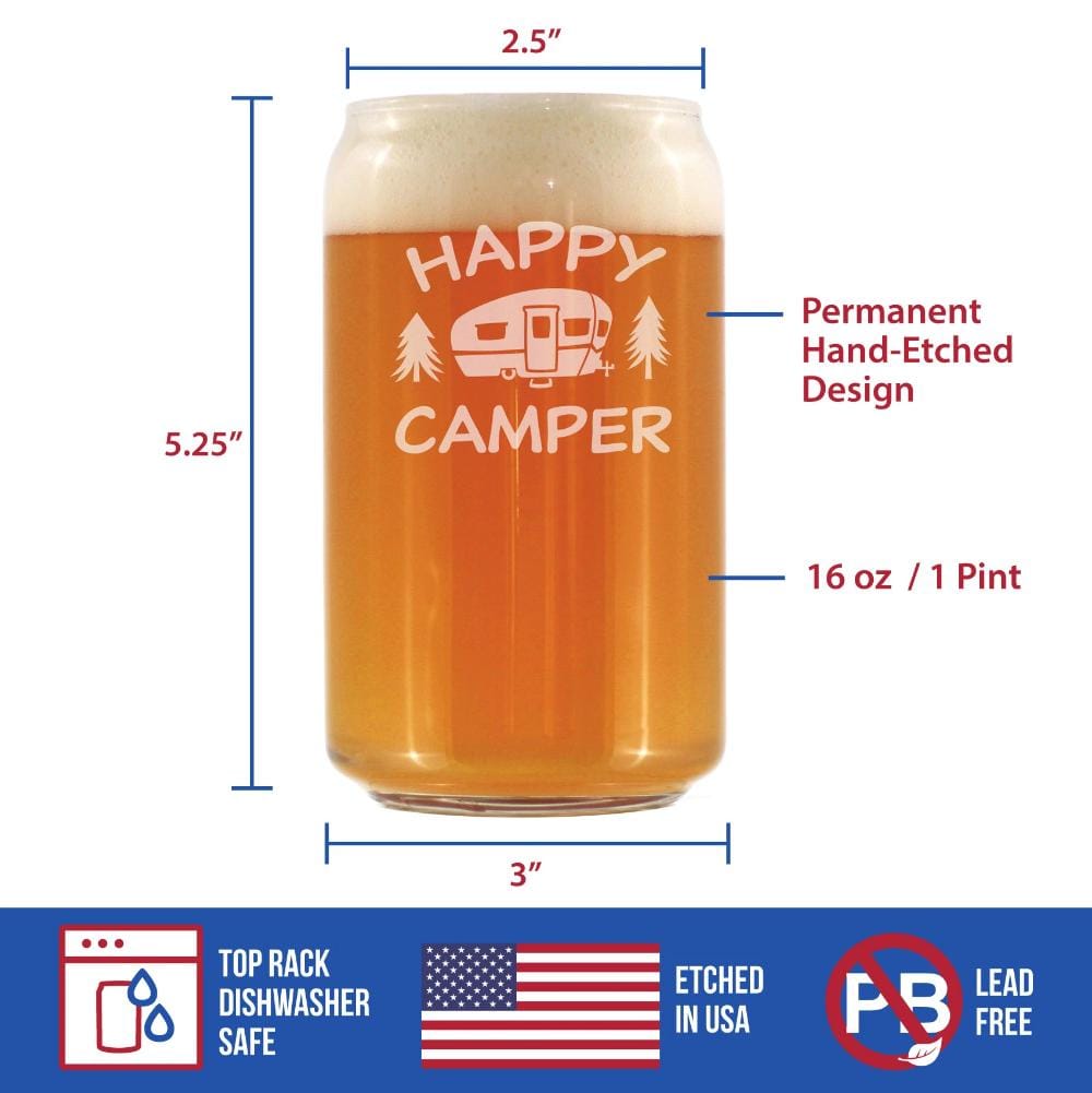 Etched Beer Can Pint Glass | 16 oz | Dishwasher Safe | Happy Camper