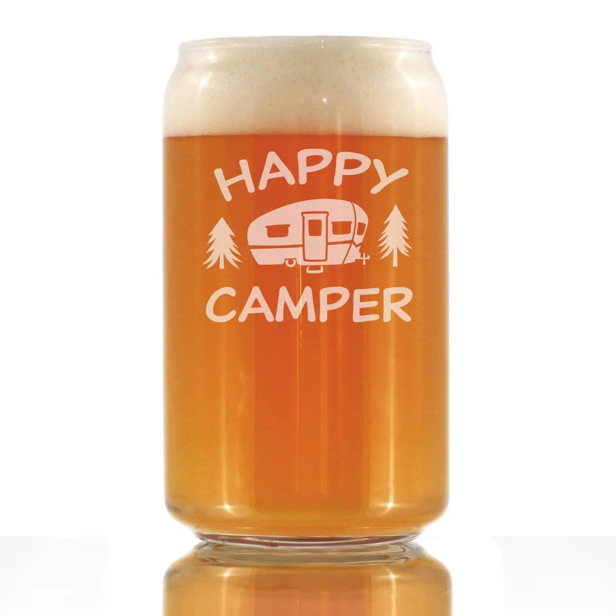 Etched Beer Can Pint Glass | 16 oz | Dishwasher Safe | Happy Camper