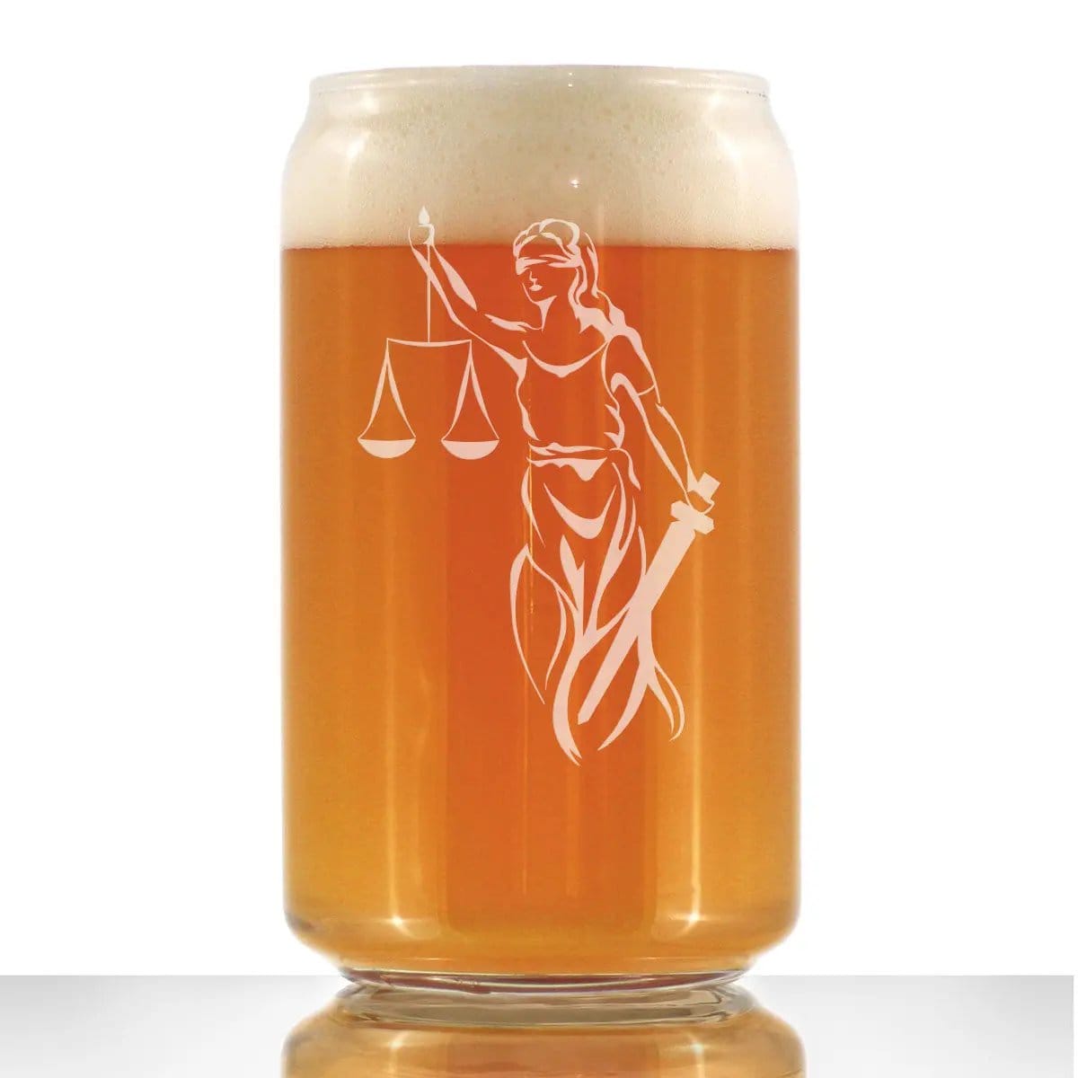 Etched Beer Can Pint Glass | 16 oz | Dishwasher Safe | Lady Justice