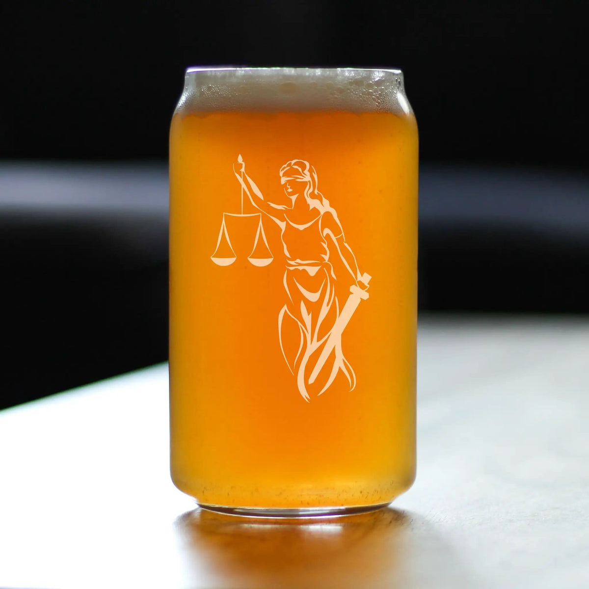 Etched Beer Can Pint Glass | 16 oz | Dishwasher Safe | Lady Justice