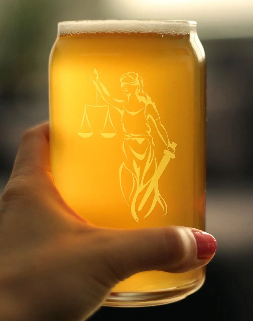 Etched Beer Can Pint Glass | 16 oz | Dishwasher Safe | Lady Justice