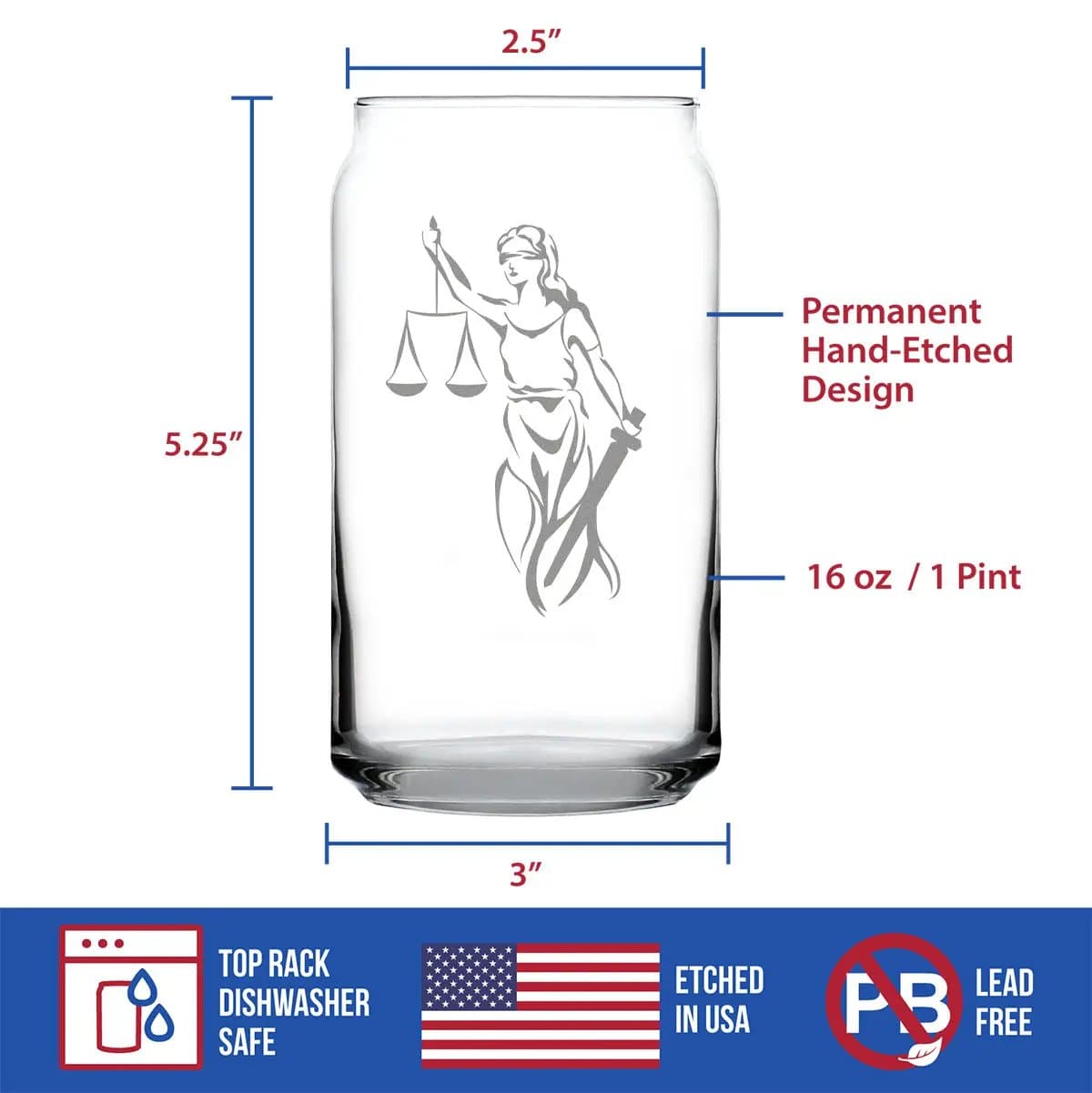 Etched Beer Can Pint Glass | 16 oz | Dishwasher Safe | Lady Justice