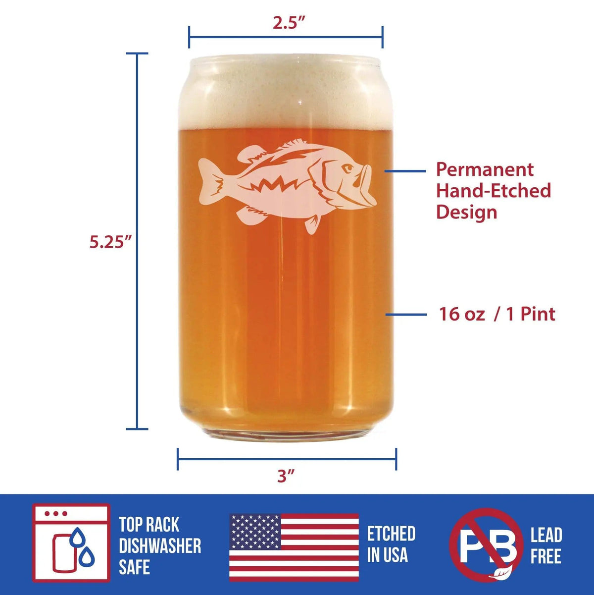 Etched Beer Can Pint Glass | 16 oz | Dishwasher Safe | Largemouth Bass