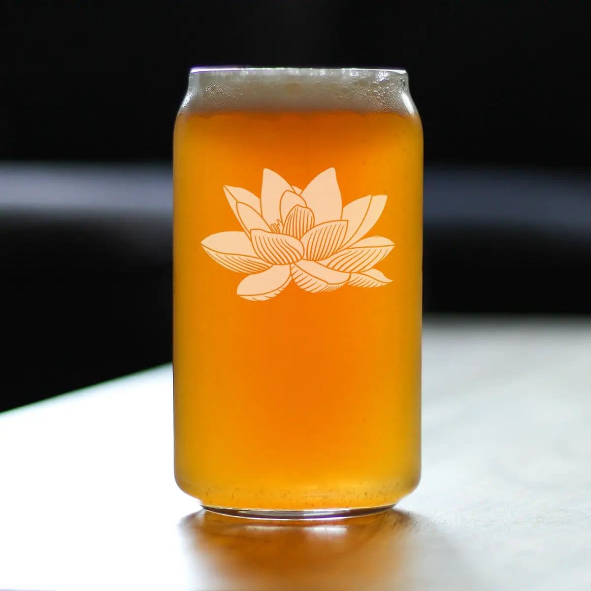 Etched Beer Can Pint Glass | 16 oz | Dishwasher Safe | Lotus Flower