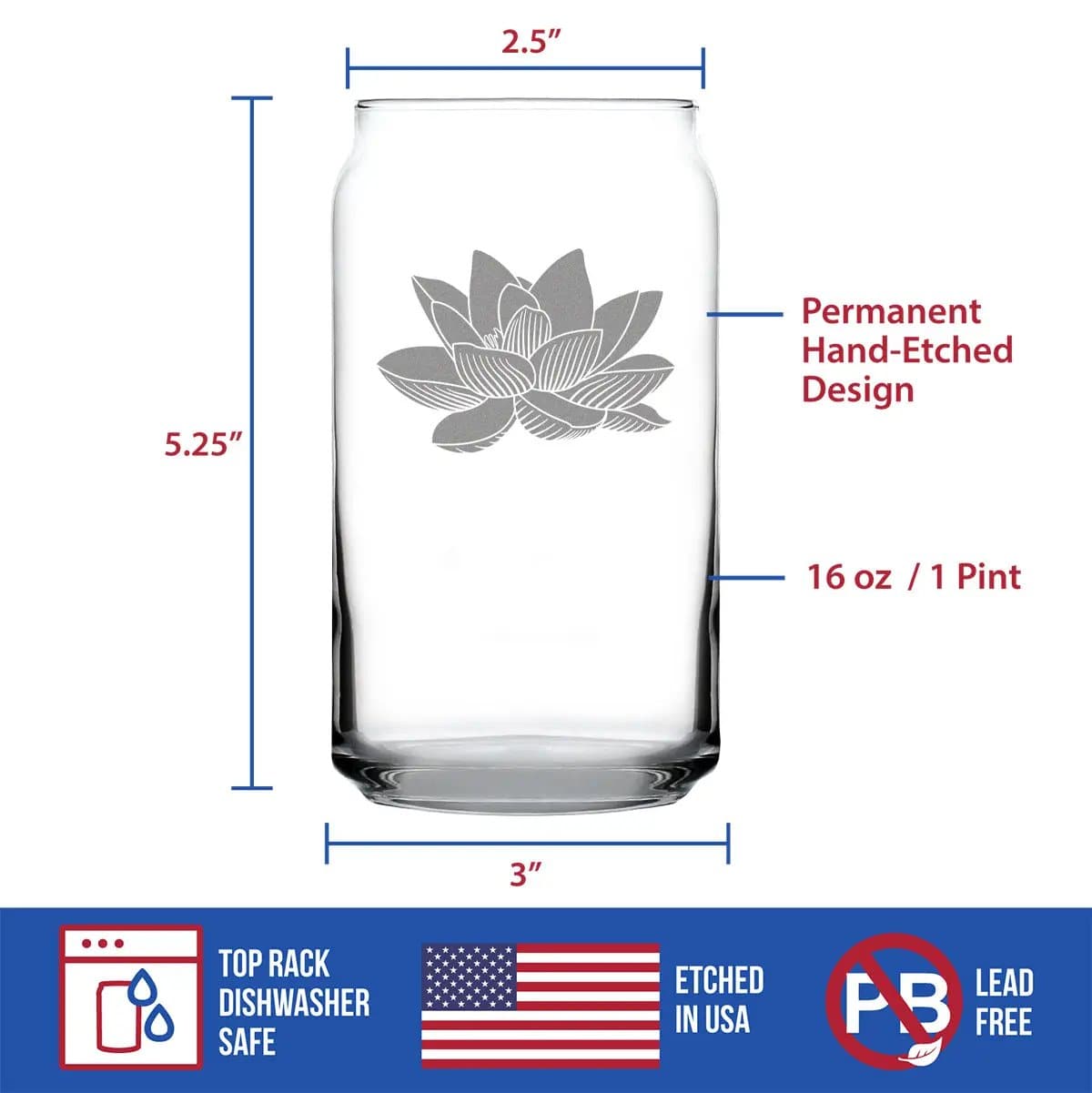 Etched Beer Can Pint Glass | 16 oz | Dishwasher Safe | Lotus Flower