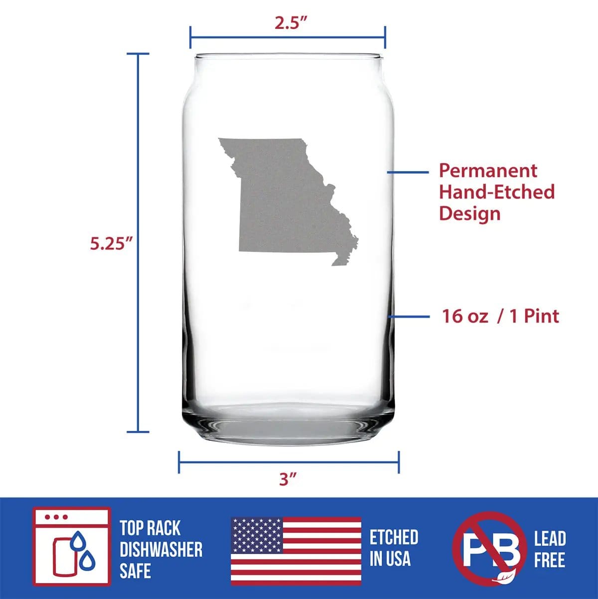 Etched Beer Can Pint Glass | 16 oz | Dishwasher Safe | Missouri State Outline