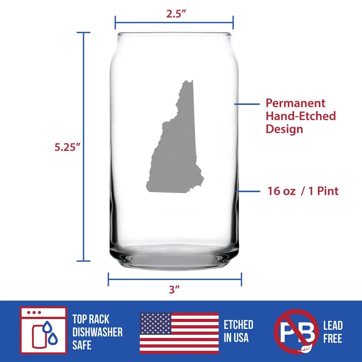 Etched Beer Can Pint Glass | 16 oz | Dishwasher Safe | New Hampshire State Outline