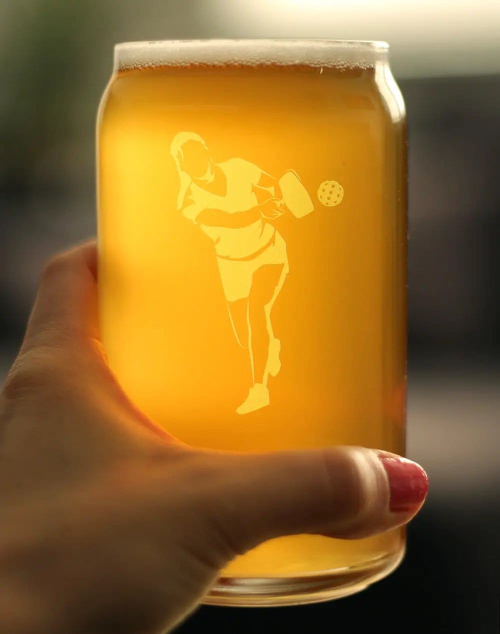 Etched Beer Can Pint Glass | 16 oz | Dishwasher Safe | Pickleball Player Female