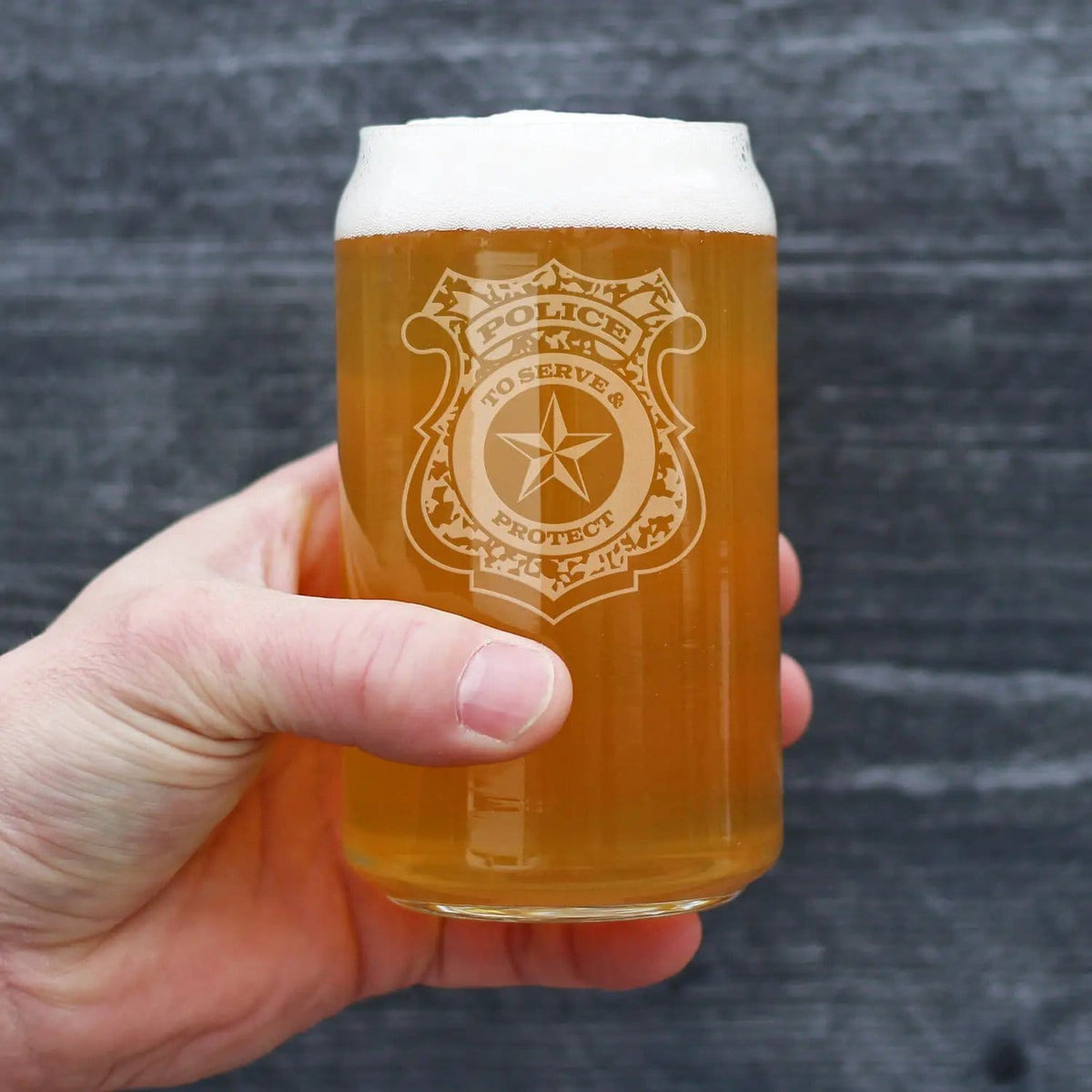 Etched Beer Can Pint Glass | 16 oz | Dishwasher Safe | Police Badge Engraved