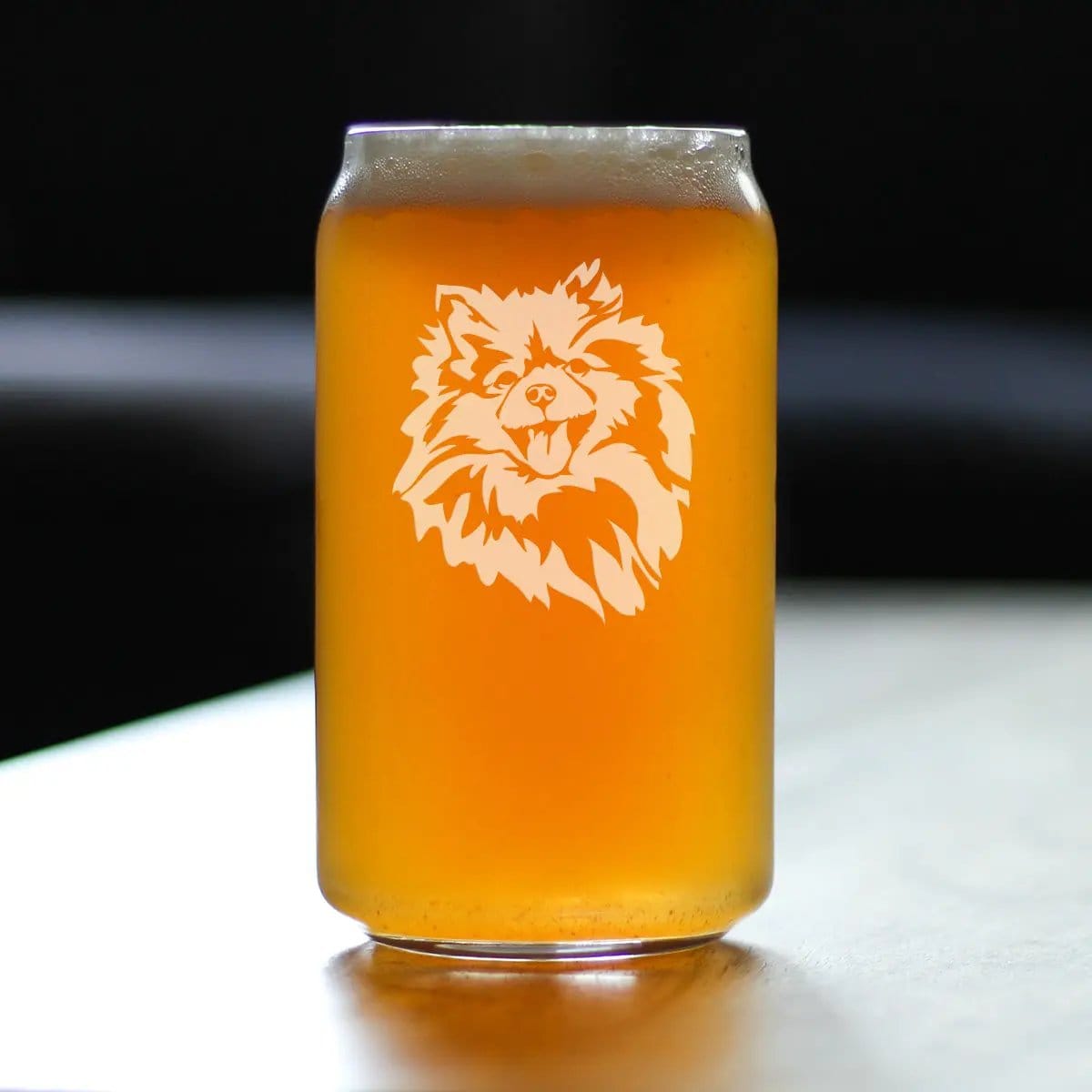 Etched Beer Can Pint Glass | 16 oz | Dishwasher Safe | Pomeranian Face