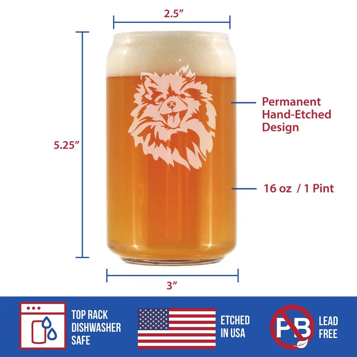 Etched Beer Can Pint Glass | 16 oz | Dishwasher Safe | Pomeranian Face
