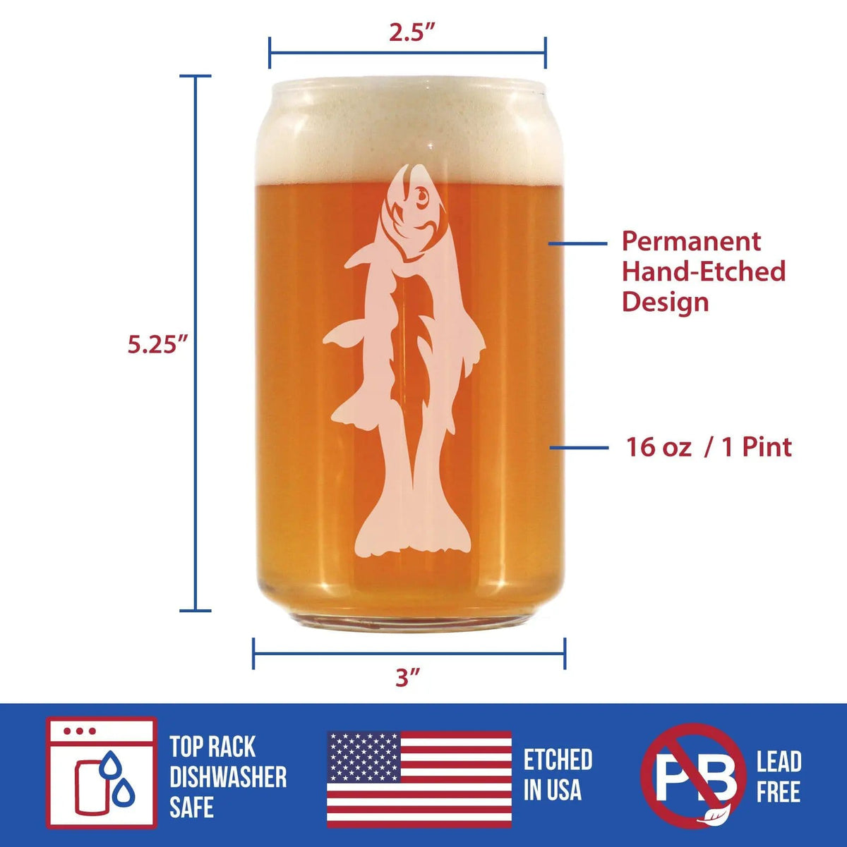 Etched Beer Can Pint Glass | 16 oz | Dishwasher Safe | Trout