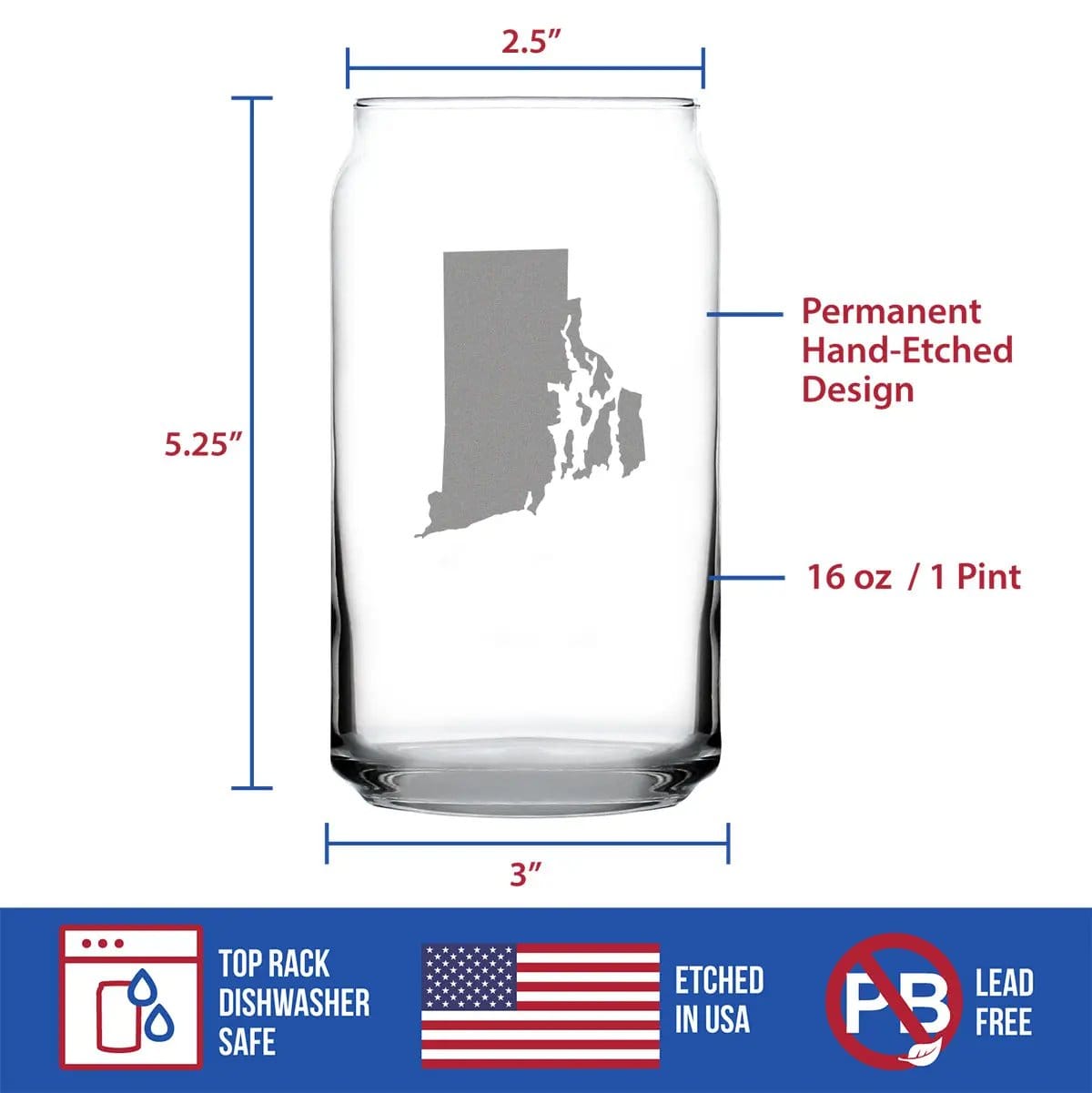Etched Beer Can Pint Glass | 16 oz | Dishwasher Safe | Rhode Island State Outline