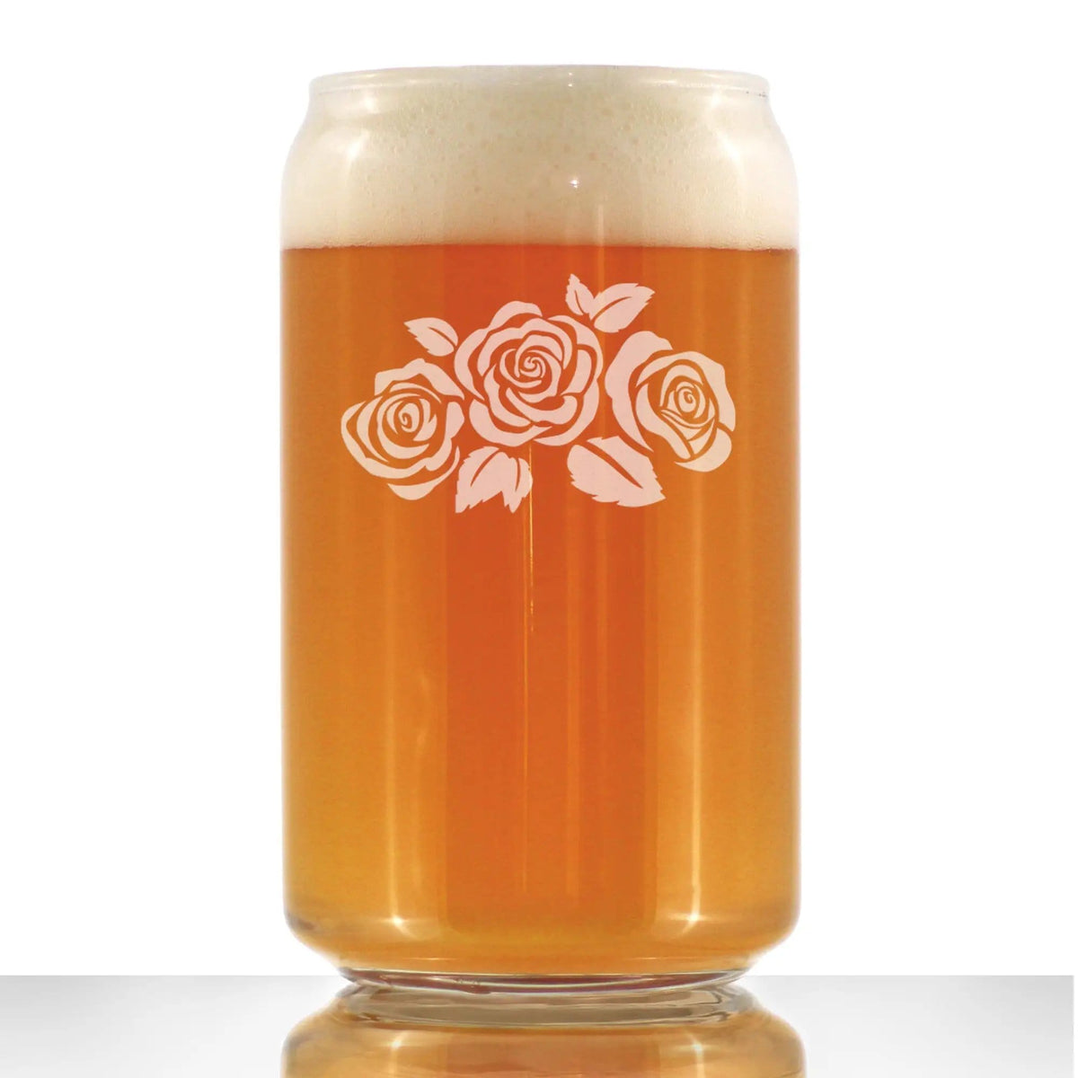 Etched Beer Can Pint Glass | 16 oz | Dishwasher Safe | Roses