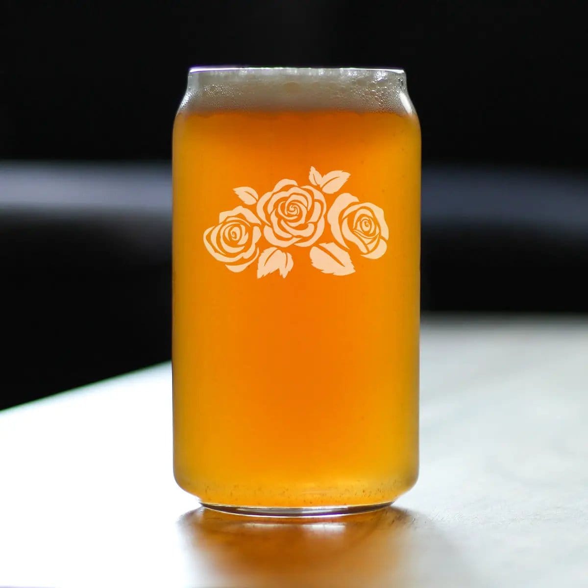 Etched Beer Can Pint Glass | 16 oz | Dishwasher Safe | Roses