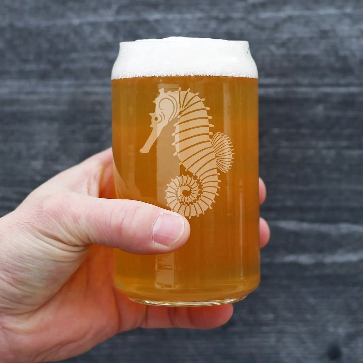 Etched Beer Can Pint Glass | 16 oz | Dishwasher Safe | Seahorse
