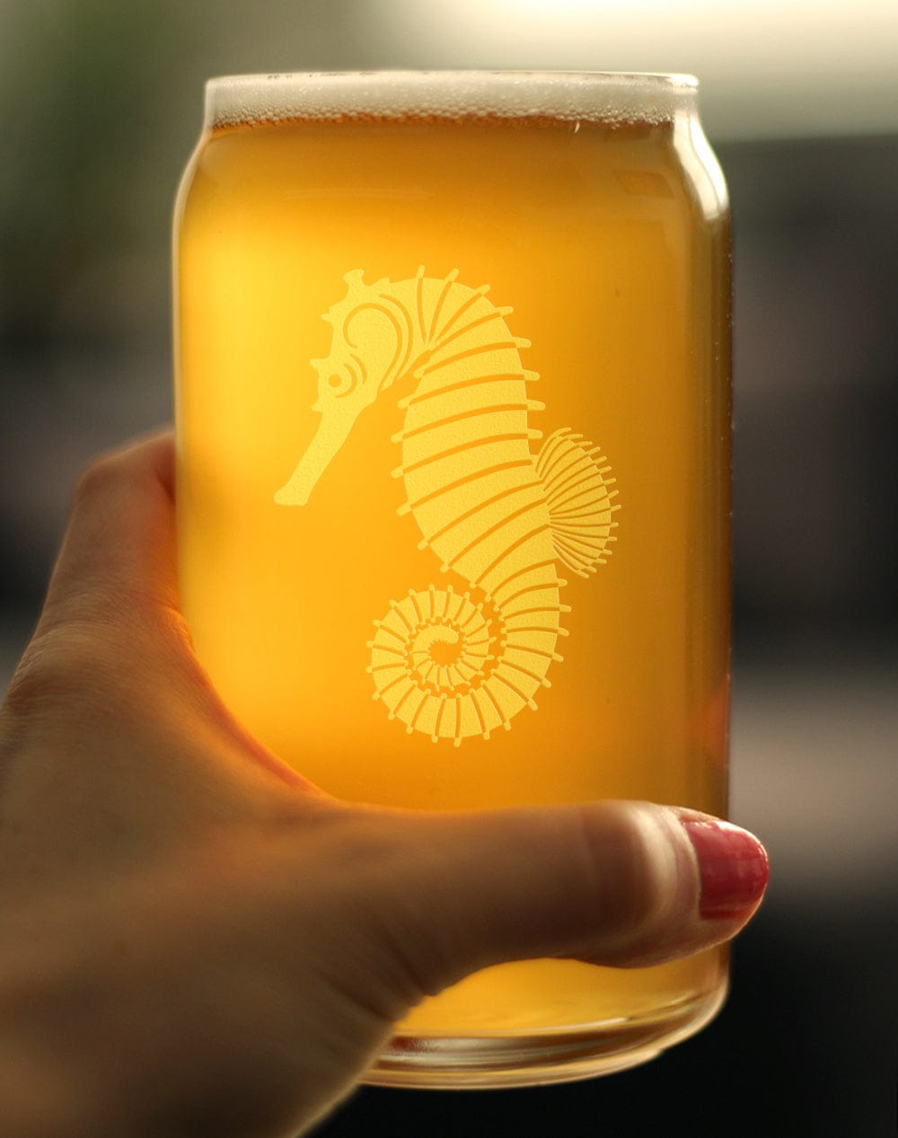Etched Beer Can Pint Glass | 16 oz | Dishwasher Safe | Seahorse