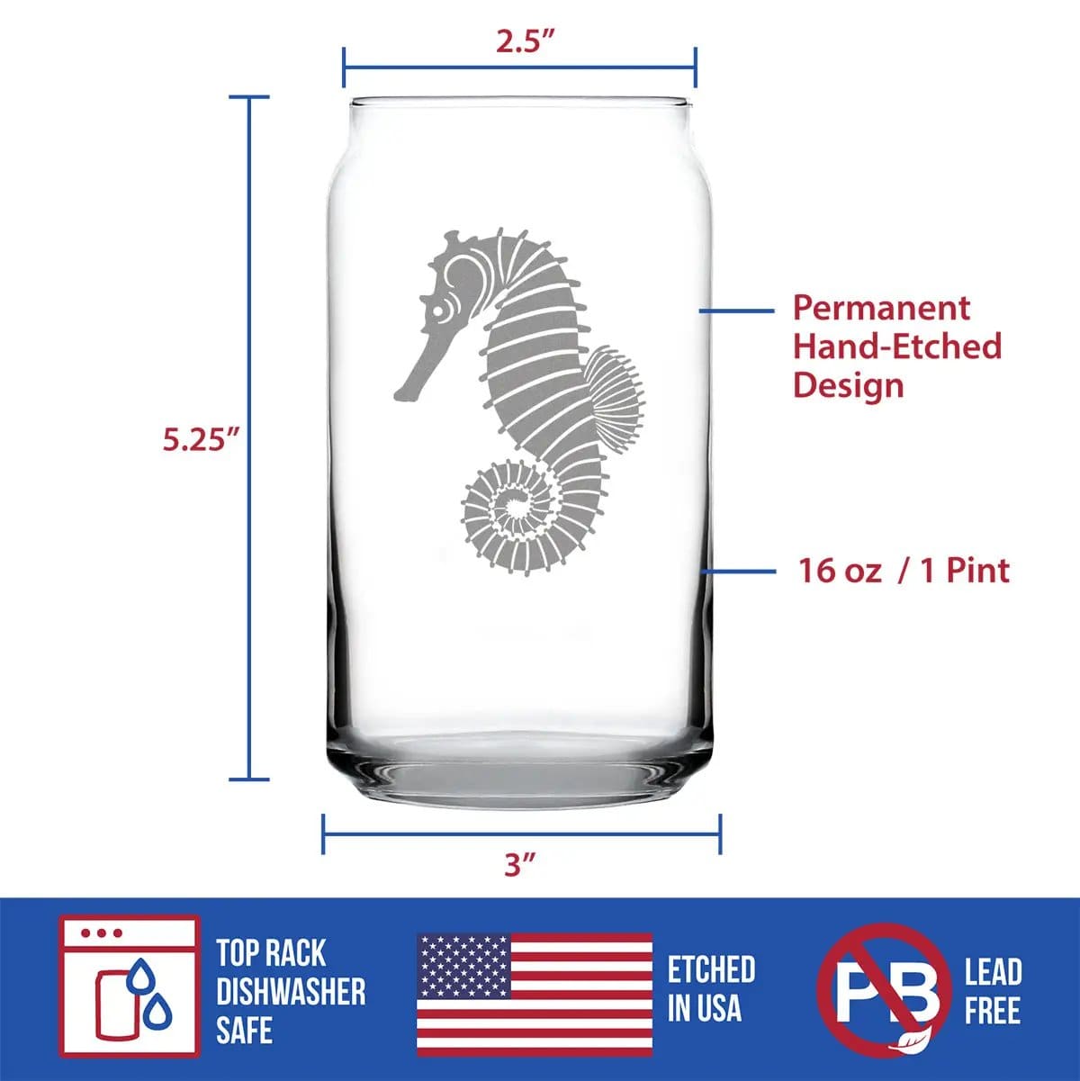 Etched Beer Can Pint Glass | 16 oz | Dishwasher Safe | Seahorse