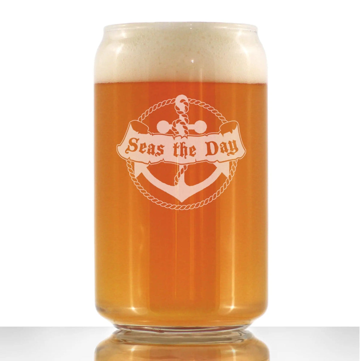 Etched Beer Can Pint Glass | 16 oz | Dishwasher Safe | Seas the Day