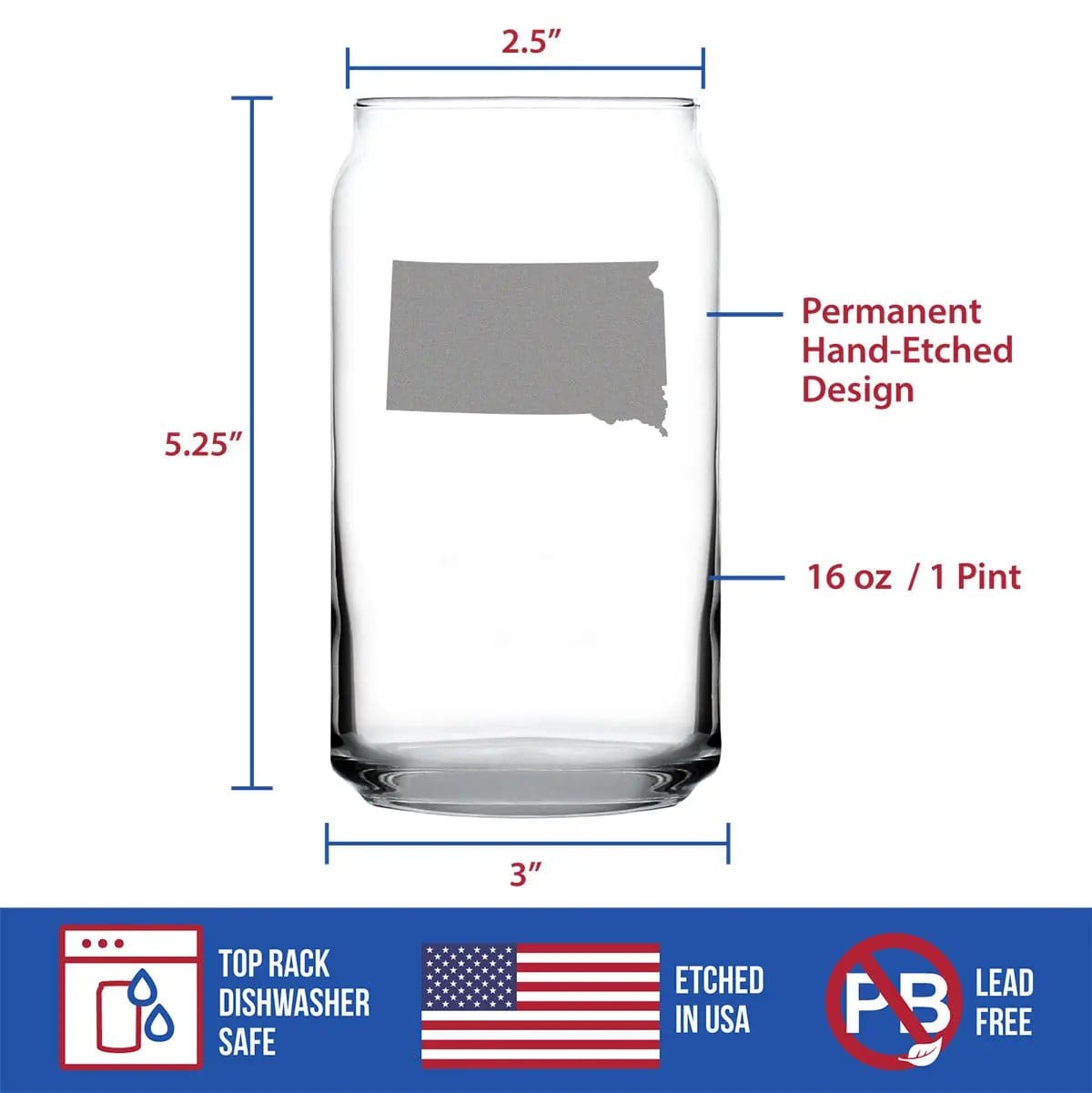 Etched Beer Can Pint Glass | 16 oz | Dishwasher Safe | South Dakota State Outline