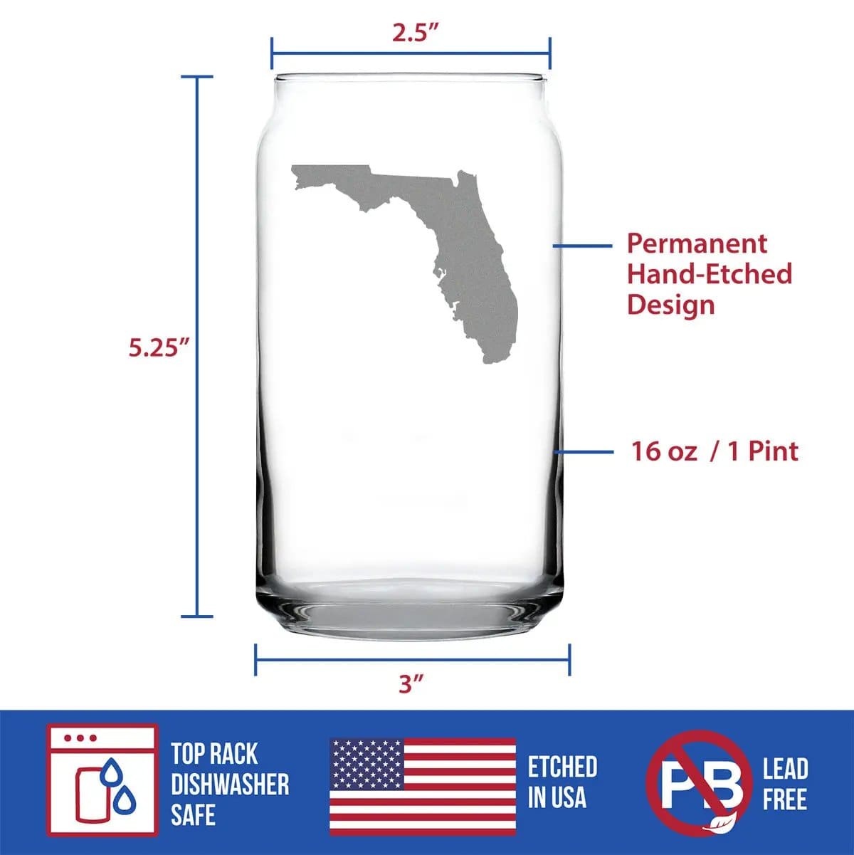 Etched Beer Can Pint Glass | 16 oz | Dishwasher Safe | Florida State Outline