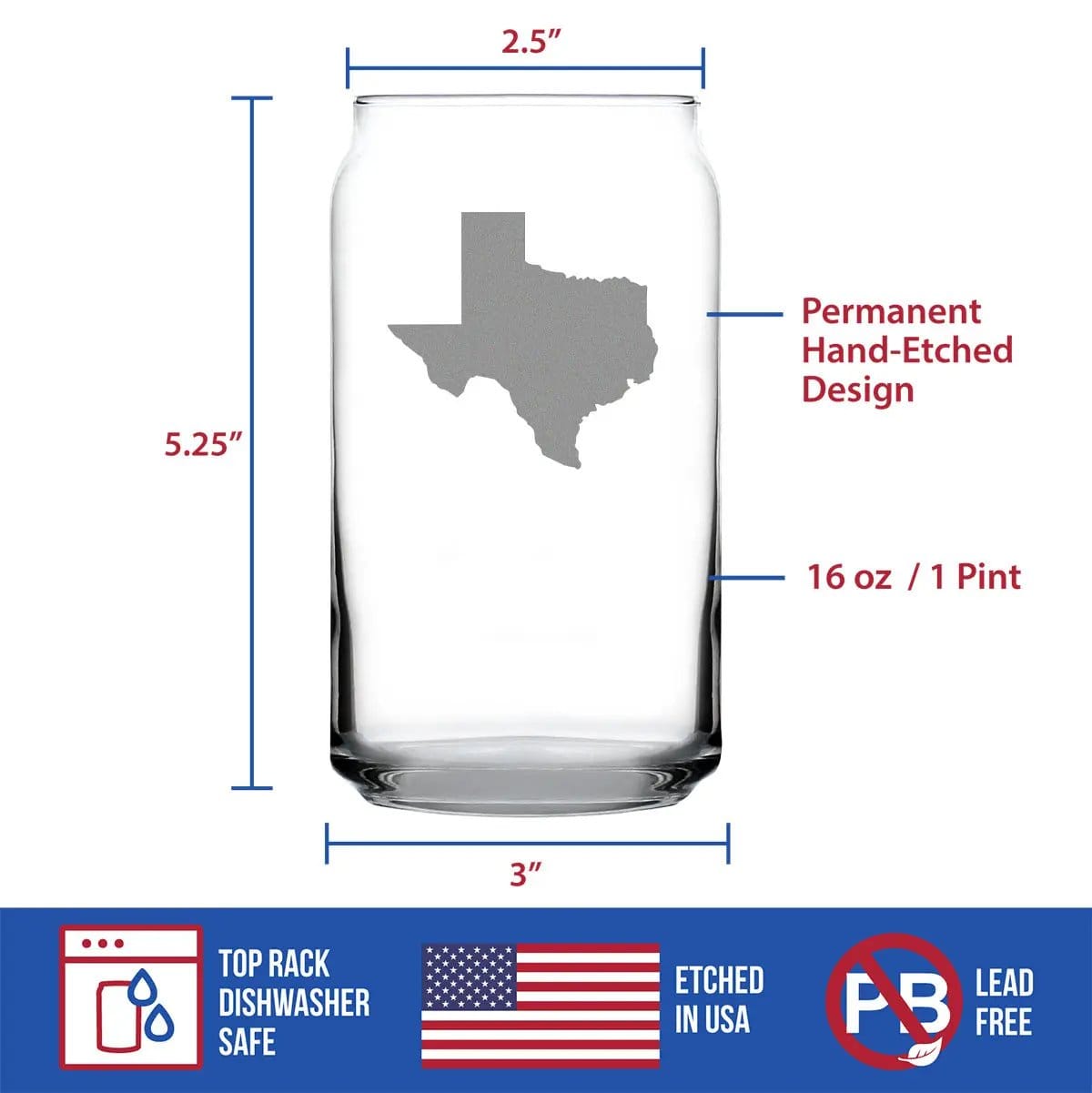 Etched Beer Can Pint Glass | 16 oz | Dishwasher Safe | Texas State Outline