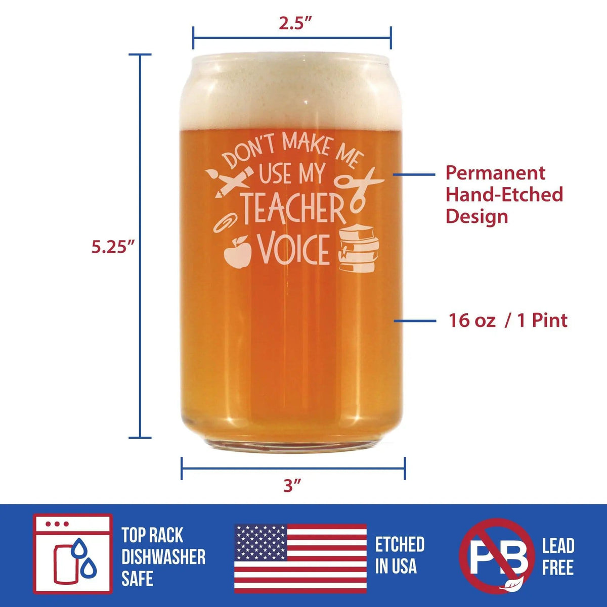 Etched Beer Can Pint Glass | 16 oz | Dishwasher Safe | Teacher Voice