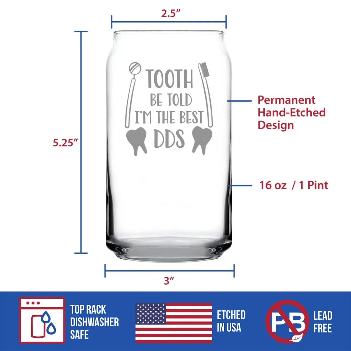 Etched Beer Can Pint Glass | 16 oz | Dishwasher Safe | Tooth Be Told