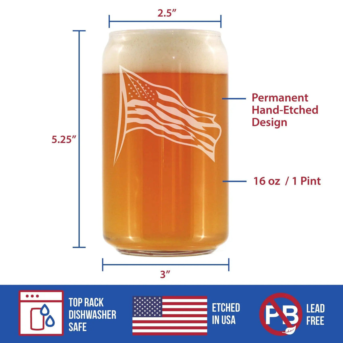 Etched Beer Can Pint Glass | 16 oz | Dishwasher Safe | American Flag