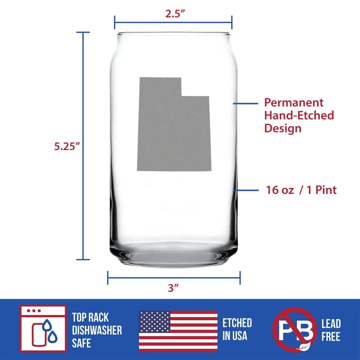 Etched Beer Can Pint Glass | 16 oz | Dishwasher Safe | Utah State Outline