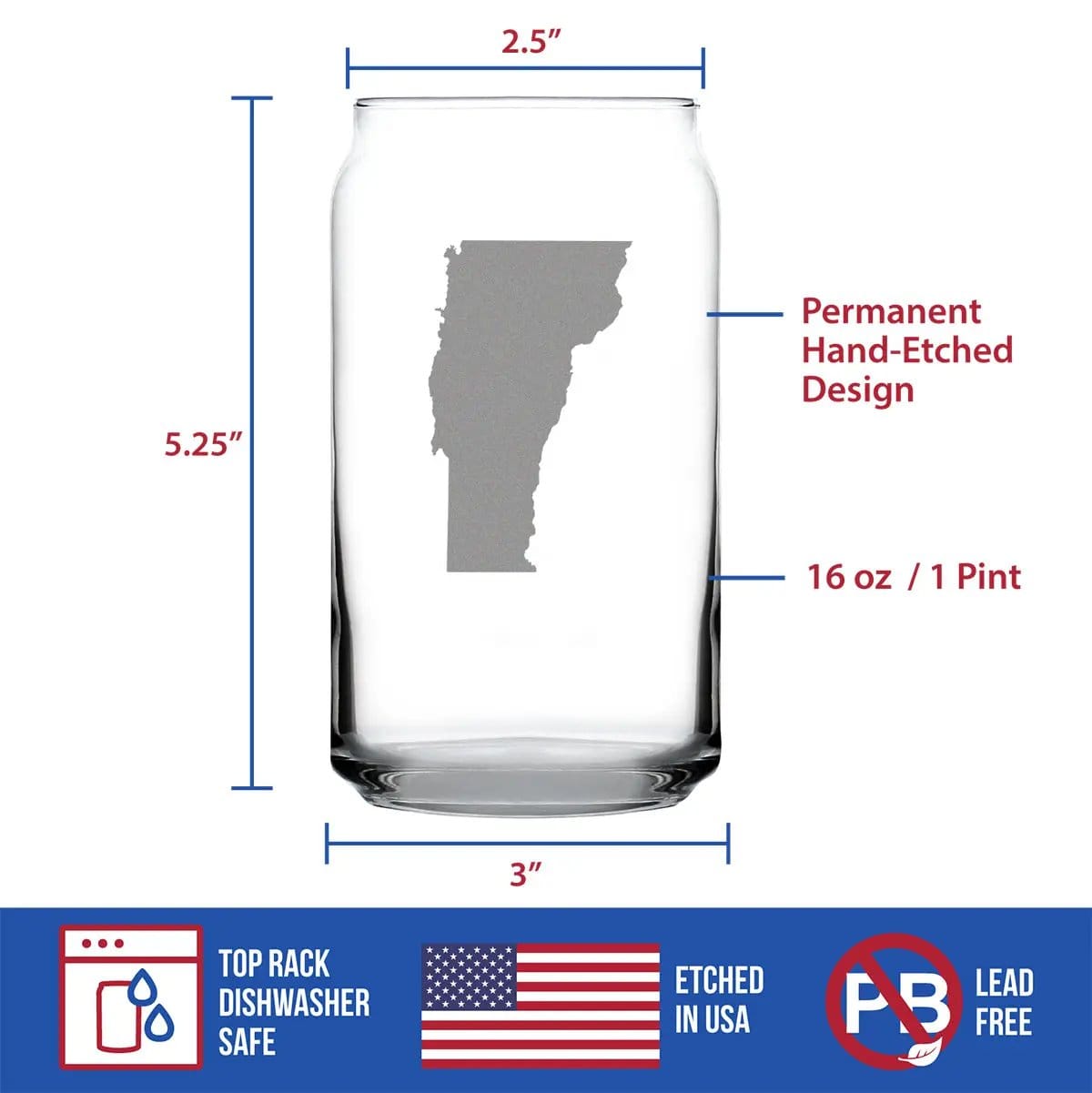 Etched Beer Can Pint Glass | 16 oz | Dishwasher Safe | Vermont State Outline