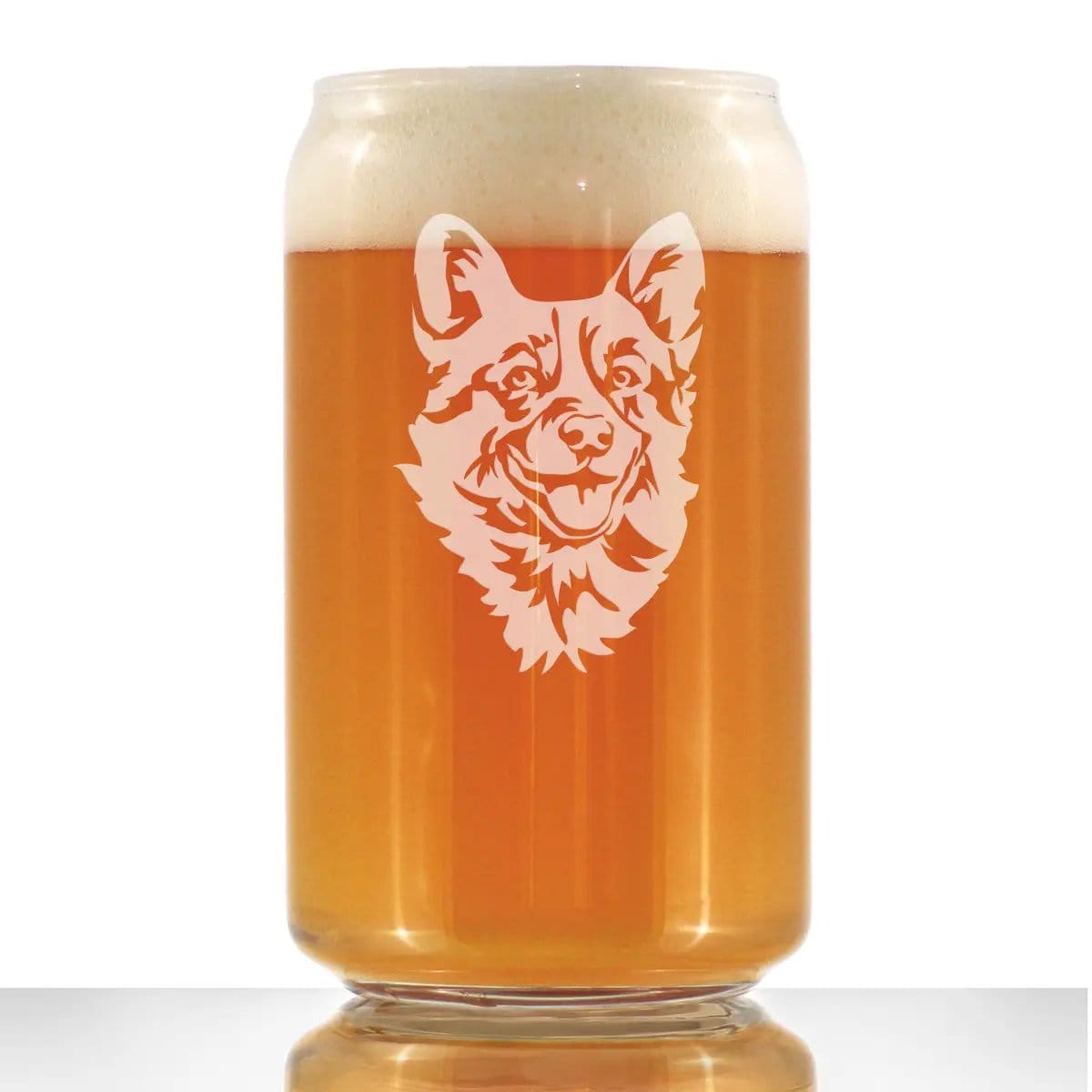 Etched Beer Can Pint Glass | 16 oz | Dishwasher Safe | Corgi Face