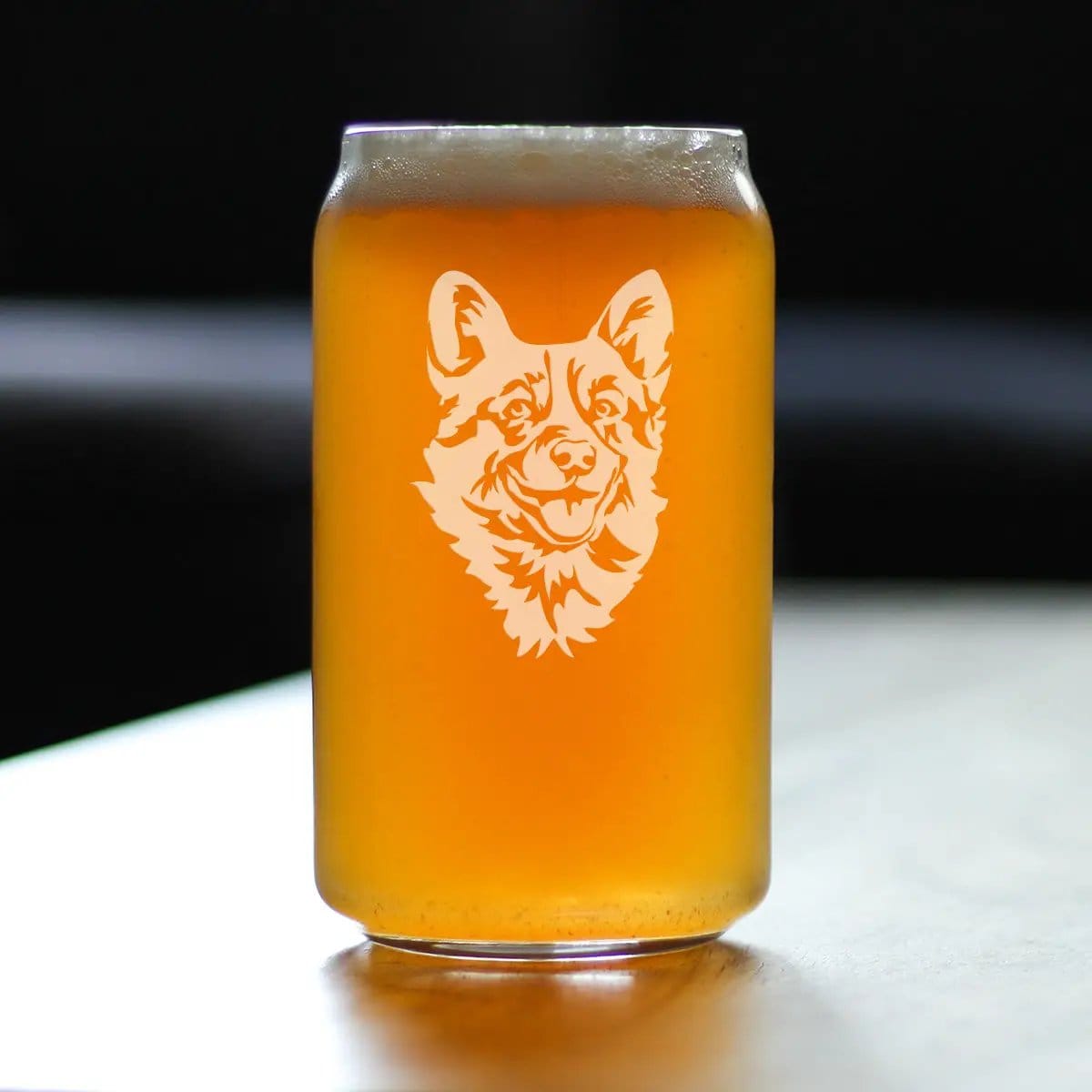 Etched Beer Can Pint Glass | 16 oz | Dishwasher Safe | Corgi Face