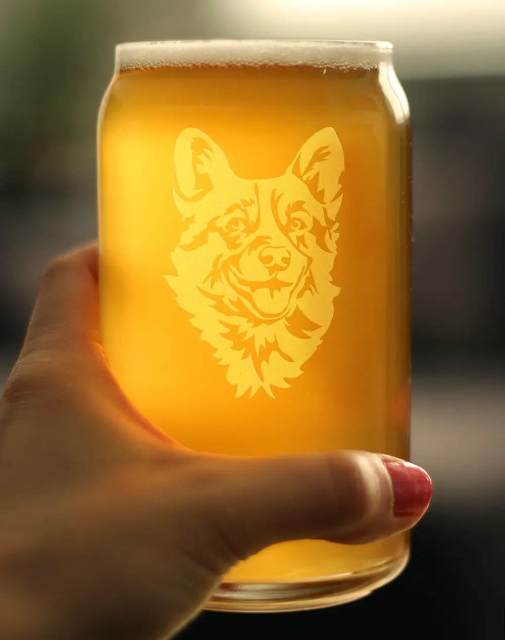 Etched Beer Can Pint Glass | 16 oz | Dishwasher Safe | Corgi Face