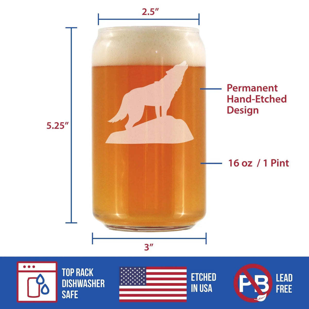Etched Beer Can Pint Glass | 16 oz | Dishwasher Safe | Wolf