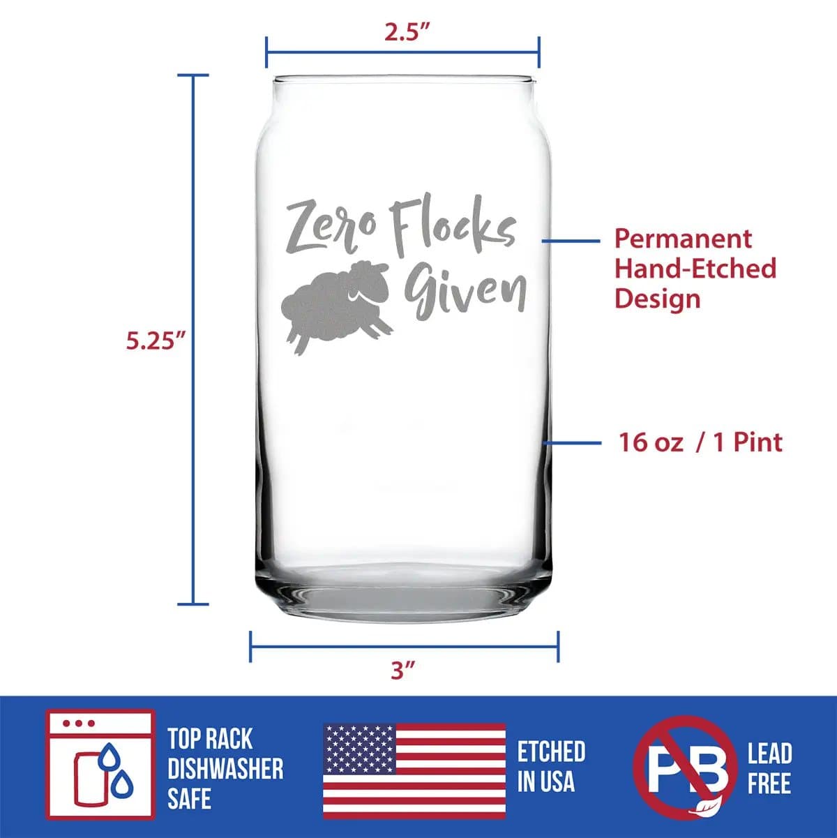 Etched Beer Can Pint Glass | 16 oz | Dishwasher Safe | Zero Flocks Given Sheep