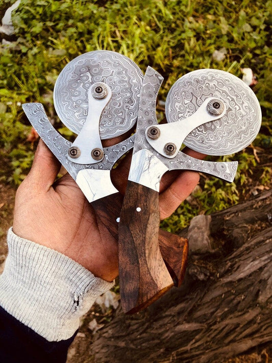 Custom Handmade Damascus Pizza Cutter | 10 Inch | Rosewood Handle