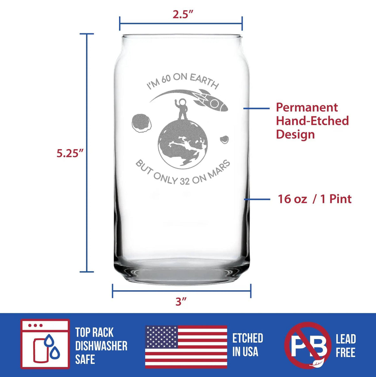 Etched Beer Can Pint Glass | 16 oz | Dishwasher Safe | Age on Mars 60