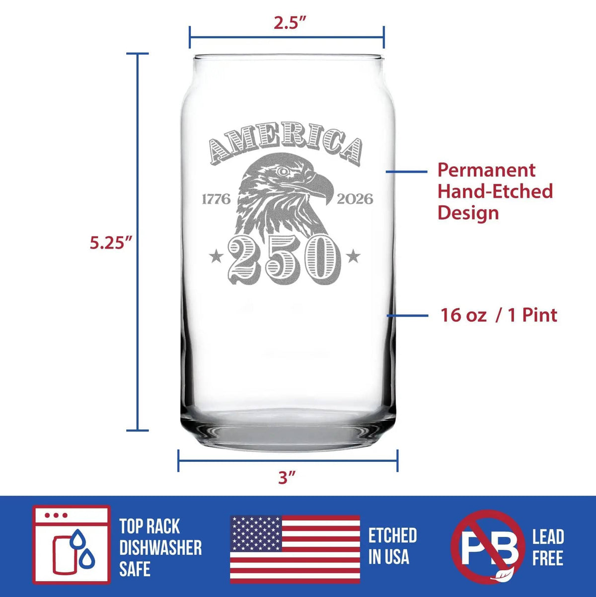 Etched Beer Can Pint Glass | 16 oz | Dishwasher Safe | America's 250th Anniversary Engraved