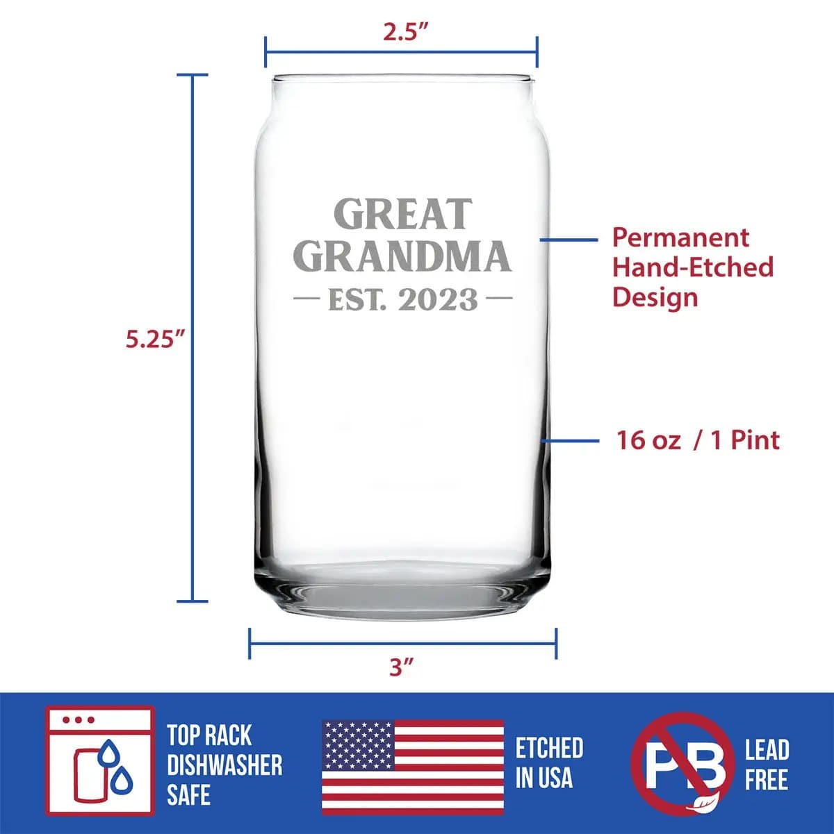 Etched Beer Can Pint Glass | 16 oz | Dishwasher Safe | Great Grandma Est 2023 - New Great Grandmother (Style 2)