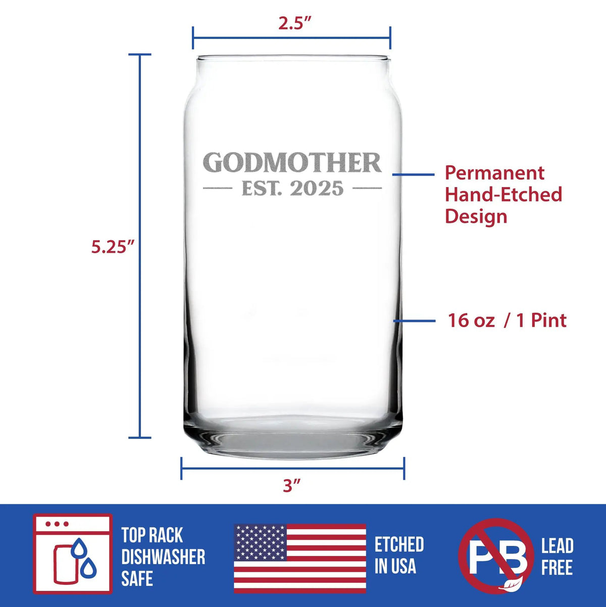 Godmother Pint Glass | 16 Oz Capacity | Hand Etched Text | 2025 Edition