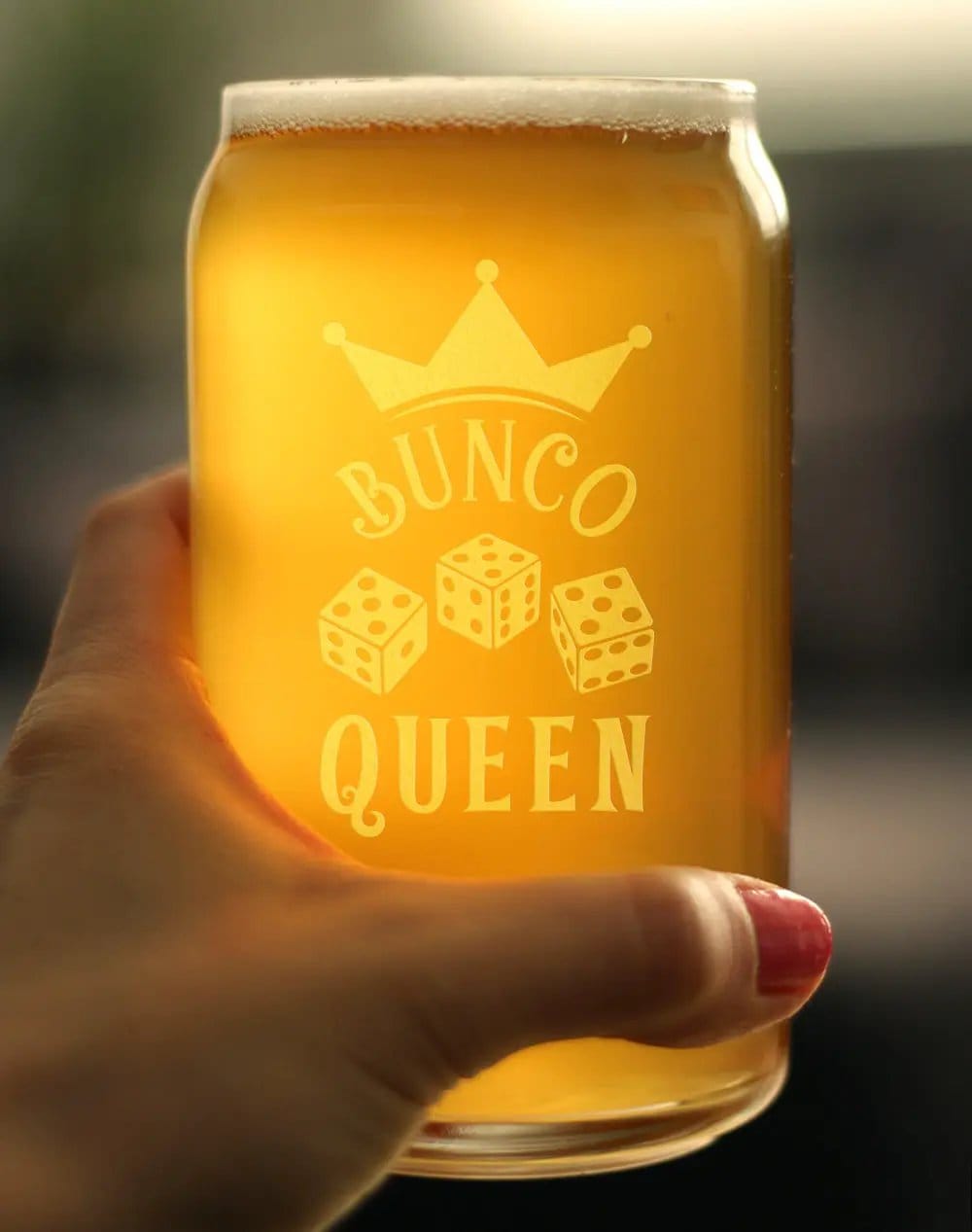 Etched Beer Can Pint Glass | 16 oz | Dishwasher Safe | Bunco Queen