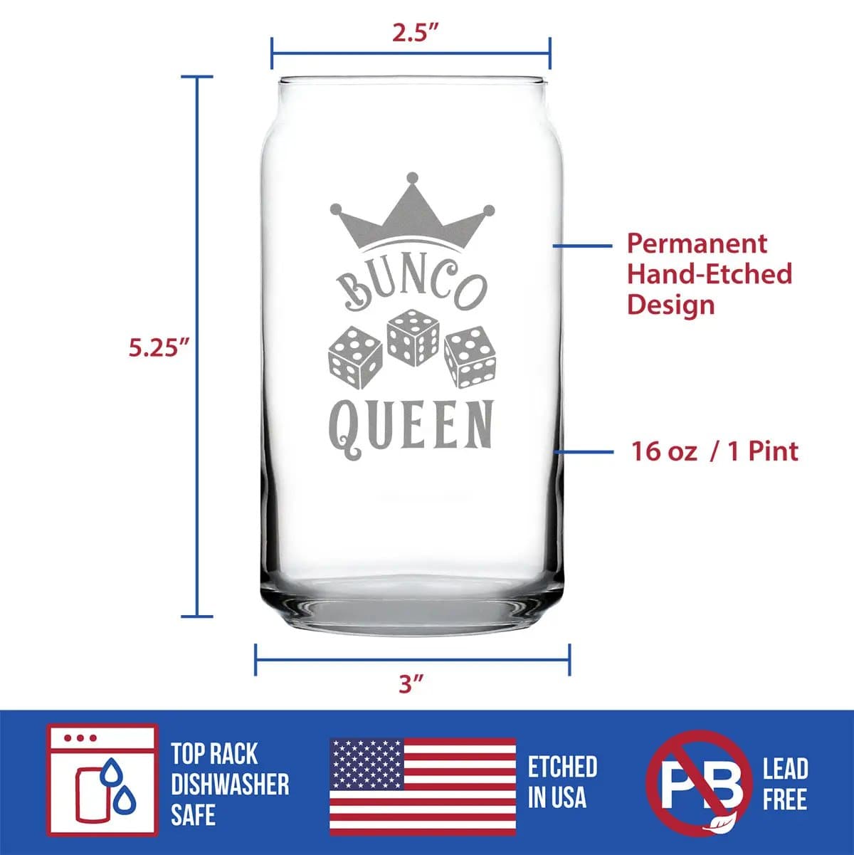 Etched Beer Can Pint Glass | 16 oz | Dishwasher Safe | Bunco Queen