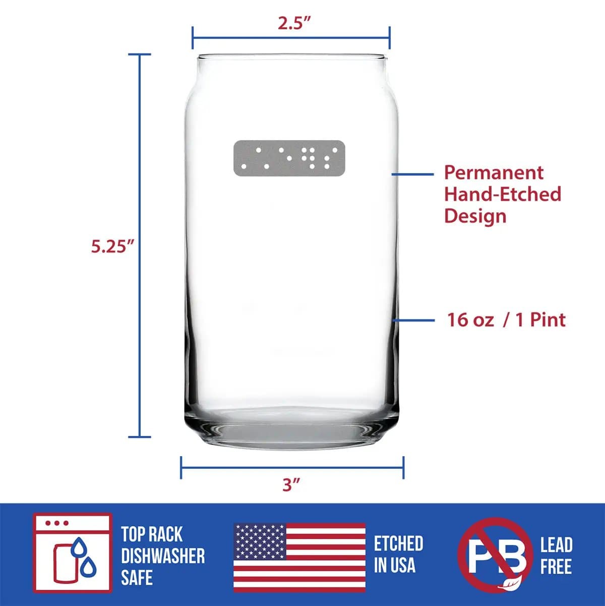 Etched Beer Can Pint Glass | 16 oz | Dishwasher Safe | Braille Cheers