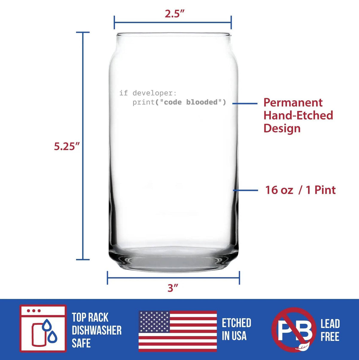 Etched Beer Can Pint Glass | 16 oz | Dishwasher Safe | Code Blooded Engraved